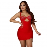 Red Sleeveless Halter Low-Cut Mesh Rhinestone Bodycon Mini Dress