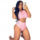 Pink Sleeveless Zipper O-Neck Cotton Women Pant Set