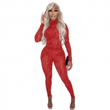 Red Long Sleeve Hollow-out Women Bandgae Sexy Jumpsuit