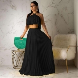 Black Off-Shoulder Sleeveless 2PCS Pleated Women Fashion Jersey Dress
