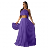 Purple Off-Shoulder Sleeveless 2PCS Pleated Women Fashion Jersey Dress