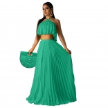 Green Off-Shoulder Sleeveless 2PCS Pleated Women Fashion Jersey Dress