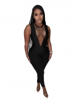 Black Sleeveless Mesh Rhinestone Deep V-Neck Bodycon Sexy Jumpsuit