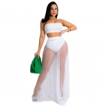 White Off-Shoulder Boat-Neck Mesh Women Fashion Maxi Dress
