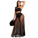 Black Off-Shoulder Boat-Neck Mesh Women Fashion Maxi Dress