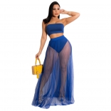 Blue Off-Shoulder Boat-Neck Mesh Women Fashion Maxi Dress