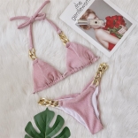 Pink Halter V-Neck Golden Chains Diamond Sexy Swimwear