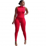 Red Sleeveless Zipper Bodycon Sports Women Sexy Jumpsuit
