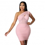 Pink Sleeveless Halter Mesh Bodycon Sexy Women Mini Dress