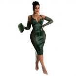 Green Mesh Long Sleeve V-Neck Zipper Bodycon Sexy Women Midi Dress
