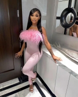 Pink Off-Shoulder Feather Bodycon Party Women Sexy Jumpsuit