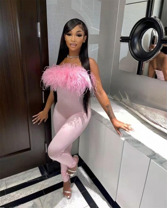 Pink Off-Shoulder Feather Bodycon Party Women Sexy Jumpsuit