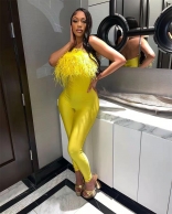Yellow Off-Shoulder Feather Bodycon Party Women Sexy Jumpsuit