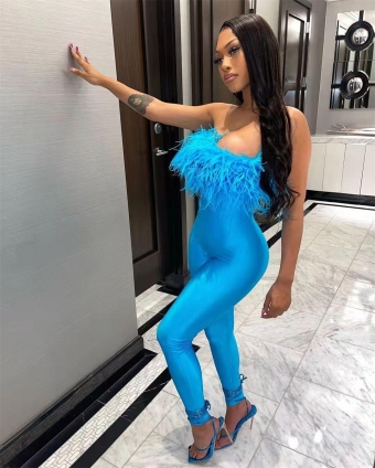 Blue Off-Shoulder Feather Bodycon Party Women Sexy Jumpsuit