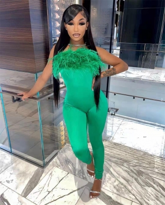 Green Off-Shoulder Feather Bodycon Party Women Sexy Jumpsuit