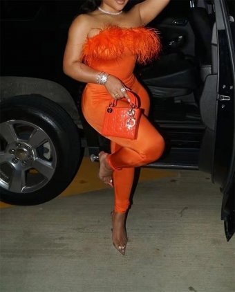 Orange Off-Shoulder Feather Bodycon Party Women Sexy Jumpsuit