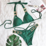Green Halter Diamond Chains Women Sexy Swimming Bikinis