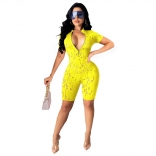 Yellow Zipper V-Neck Hollow-out Hole Sexy Rompers