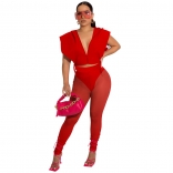 Red Sleevless Zipper Hollow-out Mesh Bodycon Women Jumpsuit