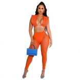 Orange Sleeveless Deep V-Neck Mesh Bodycon Sexy Jumpsuit