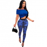 Blue Short Sleeve O-Neck Pure Tops Printed Sexy Jumpsuit