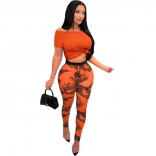 Orange Short Sleeve O-Neck Pure Tops Printed Sexy Jumpsuit