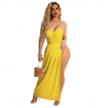 Yellow Halter Low-Cut Romper Mesh Bodycon 2PCS Maxi Dress