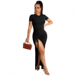 Black Short Sleeve O-Neck Bandage Sexy Women Maxi Dress