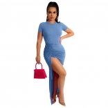 Blue Short Sleeve O-Neck Bandage Sexy Women Maxi Dress
