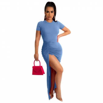 Blue Short Sleeve O-Neck Bandage Sexy Women Maxi Dress