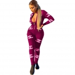 Red Long Sleeve Zipper Printed Club Sexy Jumpsuit