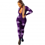 Purple Long Sleeve Zipper Printed Club Sexy Jumpsuit