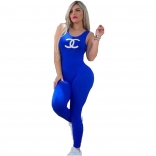 Blue Halter Sleeveless Printed Bodycon Sexy Sports Dress