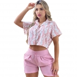 Pink Short Sleeve Printed Fashion Women Short Sets