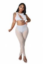 White Sleeveless Mesh Hollow-out Bandage Sexy Jumpsuit
