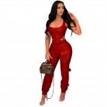 Red Sleeveless Low-Cut PU Leather Women 2PCS Bodycon Sexy Jumpsuit