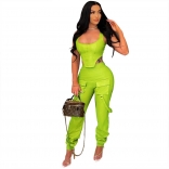 Green Sleeveless Low-Cut PU Leather Women 2PCS Bodycon Sexy Jumpsuit