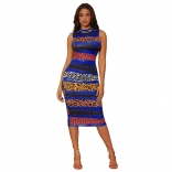 Blue Sleeveless O-Neck Printed Fashion Women Midi Dress