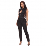 Black Sleeveless Hollow-out Button V-Neck Jeans Sexy Jumpsuit
