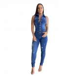 Blue Sleeveless Button Jeans Bodycon Women Sexy Jumpsuit