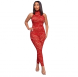 Red Red Sleeveless Lace Women Fashion Sexy Jumpsuit