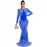 Blue Mesh Long Sleeve Rhinestone See-through Sexy Women Evening Long Dress