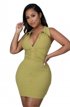Green Sleeveless Button V-Neck Bodycon Women Mini Dress