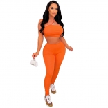 Orange Halter Off-Shoulder Sleeveless Cotton Women Sexy Jumpsuit Sets
