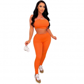 Orange Halter Off-Shoulder Sleeveless Cotton Women Sexy Jumpsuit Sets