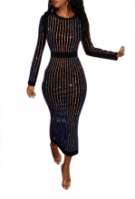 Black Long Sleeve O-Neck Rhinestone Fashion Women Midi Dress
