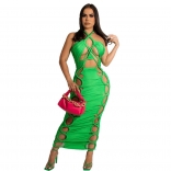 Green Halter Deep V-Neck Bandage Sexy Women Midi Dress