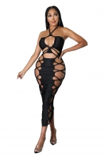 Black Halter Deep V-Neck Bandage Sexy Women Midi Dress