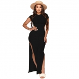 Black Short Sleeve Cotton Women Fashion Maxi Dress