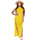 Yellow Short Sleeve Cotton Women Fashion Maxi Dress